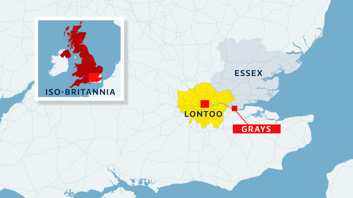 Kartta, jossa Essex, Suur-Lontoo ja Grays