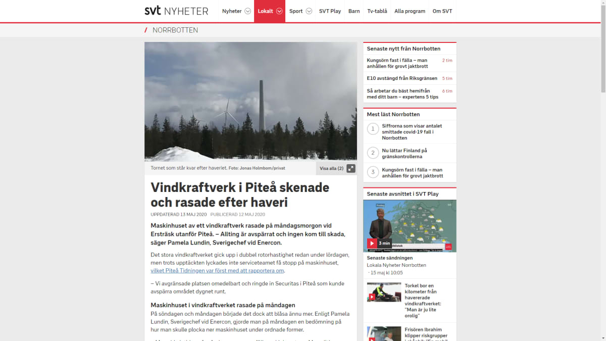 Kuvakaappaus SVT:n nettijutusta, jossa kerrotaan tuulivoimalaonnettomuudesta.