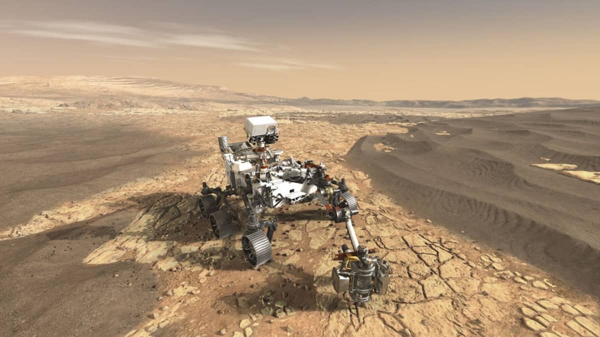 Kuudella pyörällä rullaava pienen auton kokoinen tutkimuslaboratorio Marsin punaisella, halkeilleella pinnalla. 