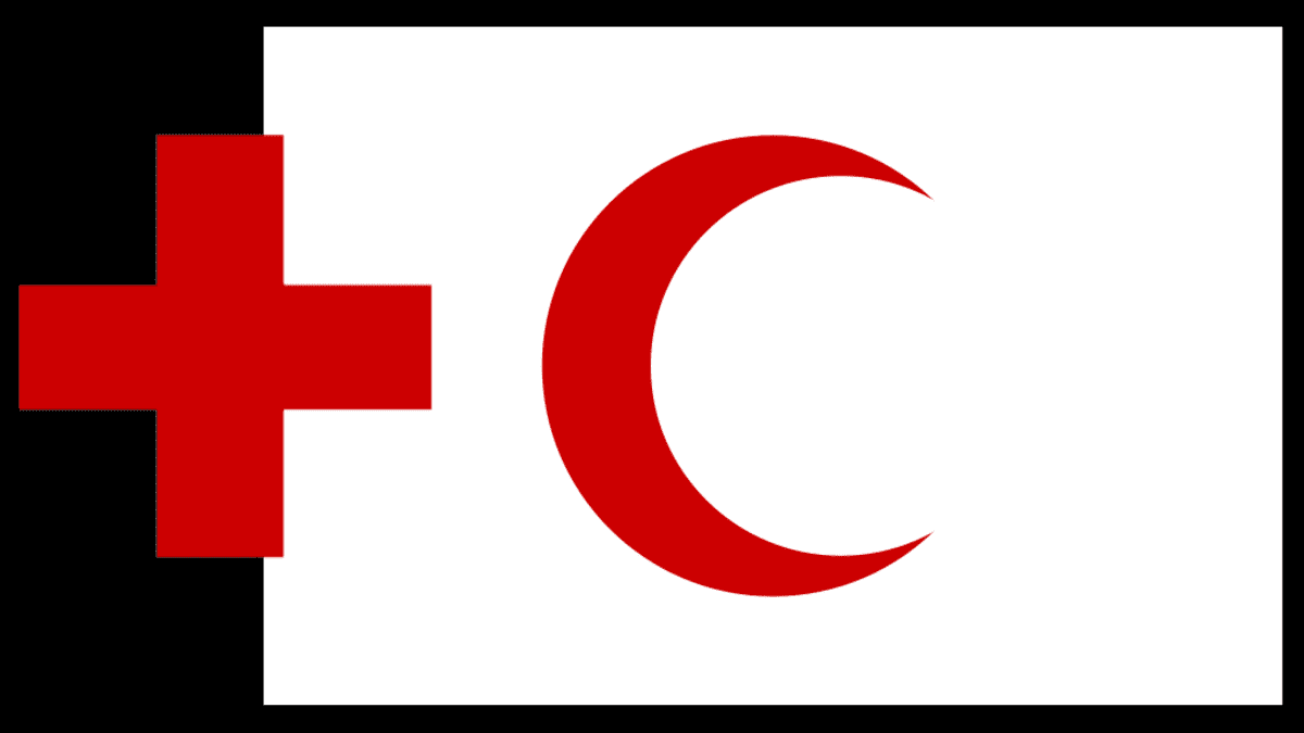 Punaisen Ristin ja Punaisen Puolikuun logoista tehty grafiikka. 