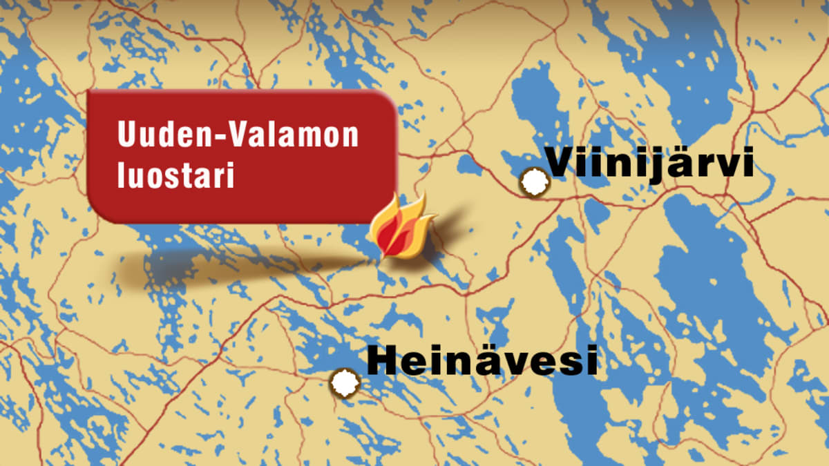 Kartta, johon merkitty Valamon luostari, Viinijärvi ja Heinävesi.