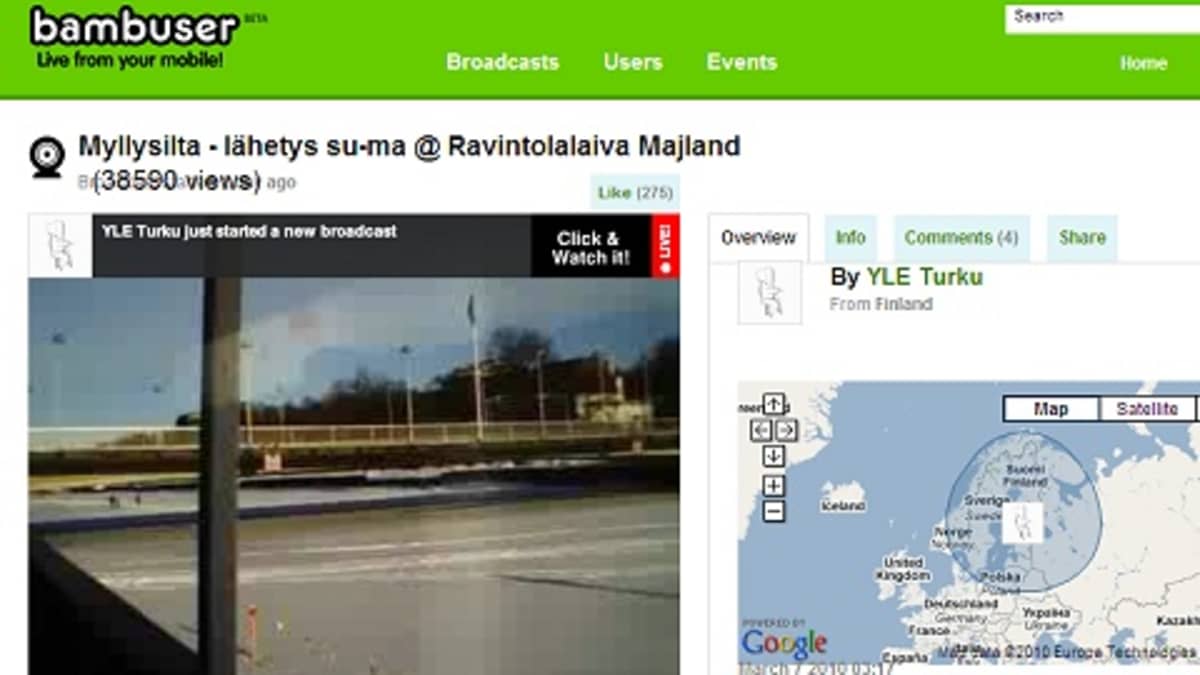 YLE Turku välittää suoraa kuvaa notkahtaneesta Myllysillasta Bambuser-sivustollaan.