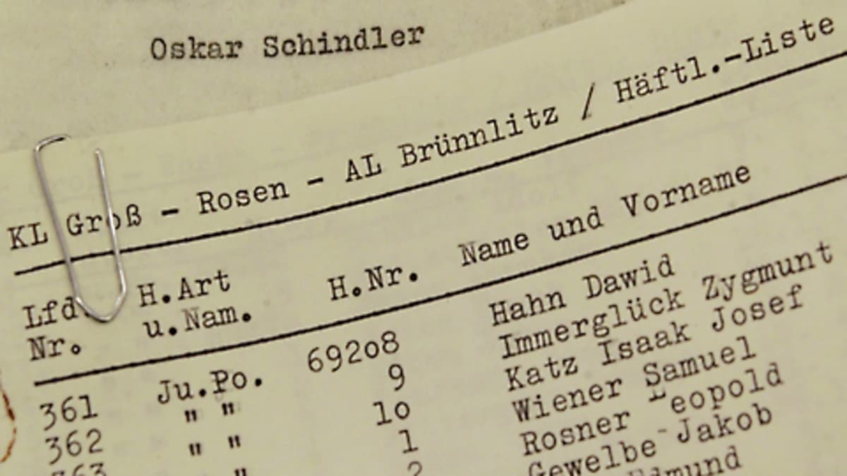 Nimilistoja joiden uskotaan olevan peräisin Oskar Schindlerin tehtaalta.