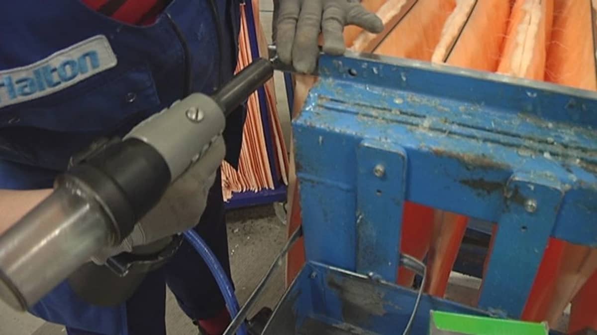 Ilmastoinikoneen suodatinta kastaaan Haltonin tehtaalla Iitissä.