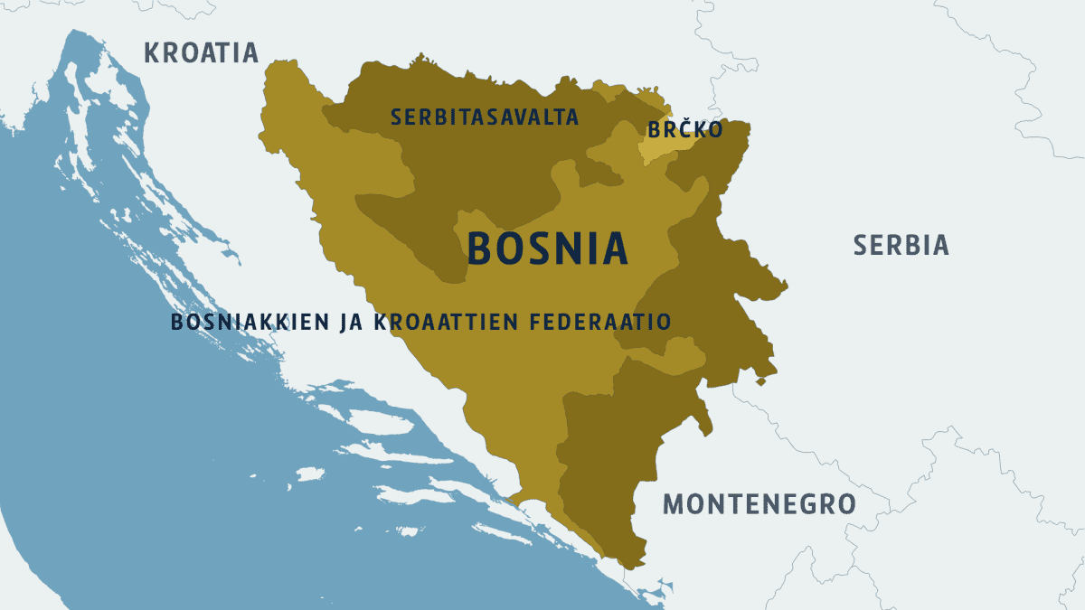 Bosnian kartta ympäröivine valtioineen. 