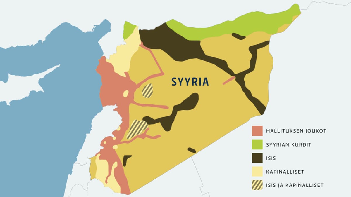 Syyrian kartta jossa ovat eri ryhmien hallussa olevat alueet.