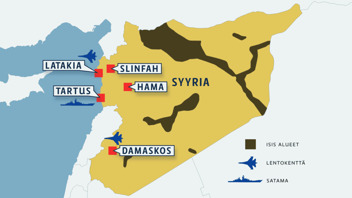 Syyrian kartta jossa ovat Venäjän tukikohdat.