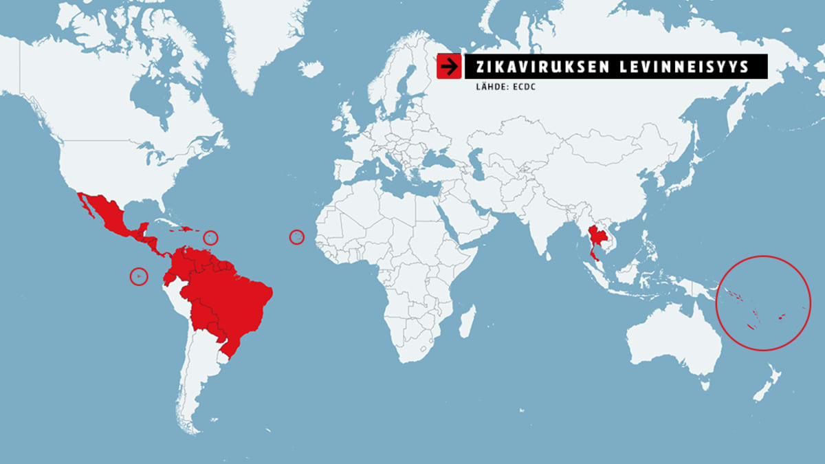 Kartta Zikaviruksen levinneisyydestä.