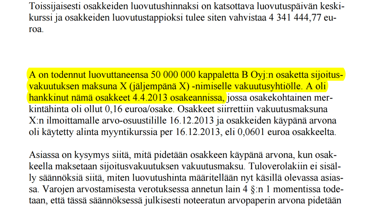 Kuvakaappaus hallinto-oikeuden päätöksestä koskien Pekka Perän verotusta. 