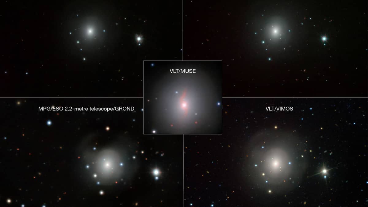 Viiden kuvan yhdistelmä NGC 4993 -galaksin teleskooppikuvista. 