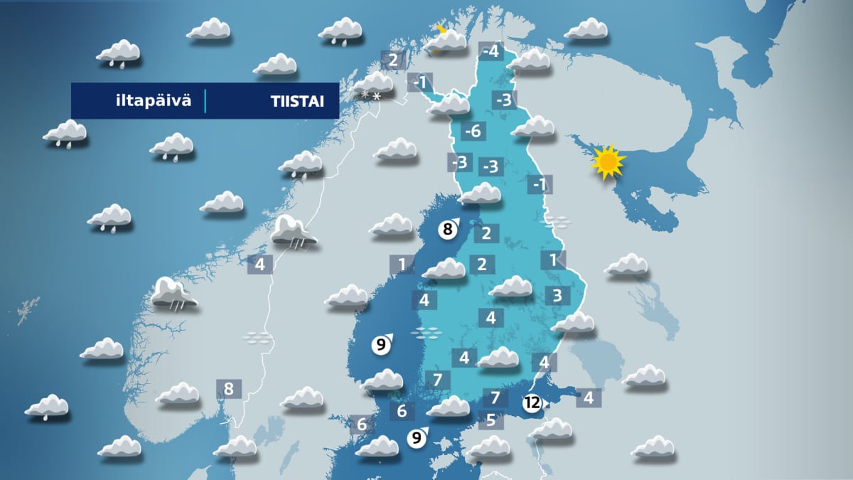 Sääkartta Skandinaviasta tiistaina.