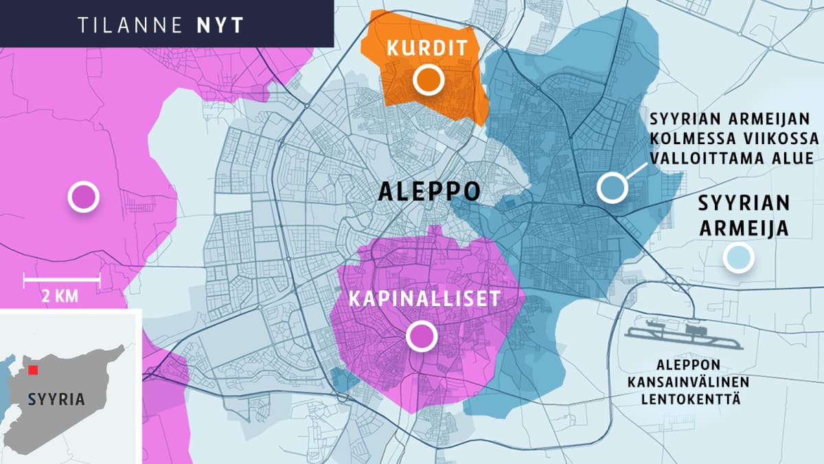 Eri ryhmien hallitsemat alueet Syyrian Aleppossa