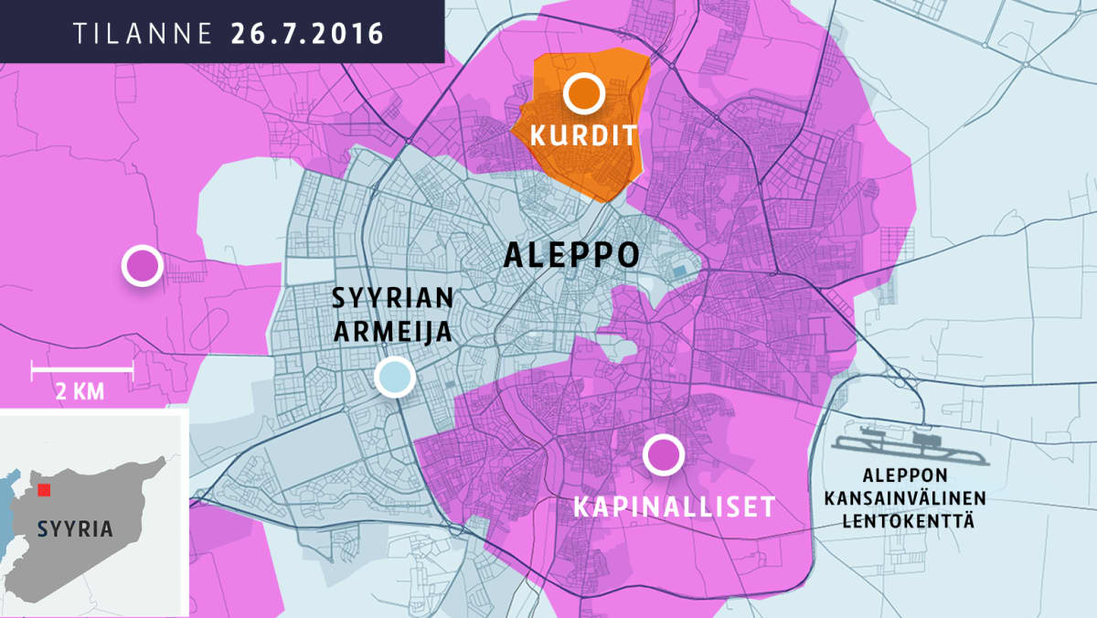 Eri ryhmien hallitsemat alueet Syyrian Aleppossa 26.7.2016