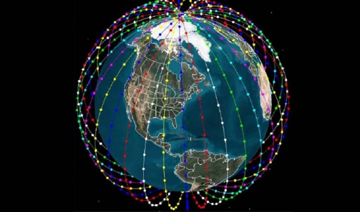 Piirroskuva maapallosta ja sitä peittävästä satelliittien verkosta. 
