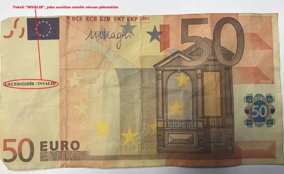 50 euron näyteseteli, jossa on merkintä sen kelpaamattomuudesta maksuvälineeksi.