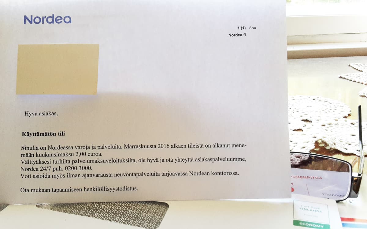 Kuva Hannu Sairasen Nordealta saadusta kirjeestä.