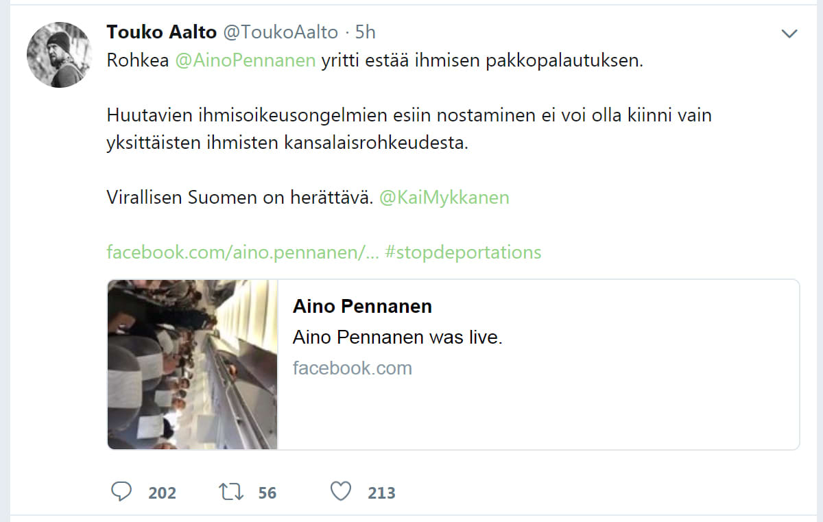 Kuvakaappaus Touko Aallon Twitter-tililtä 31. heinäkuuta 2018.