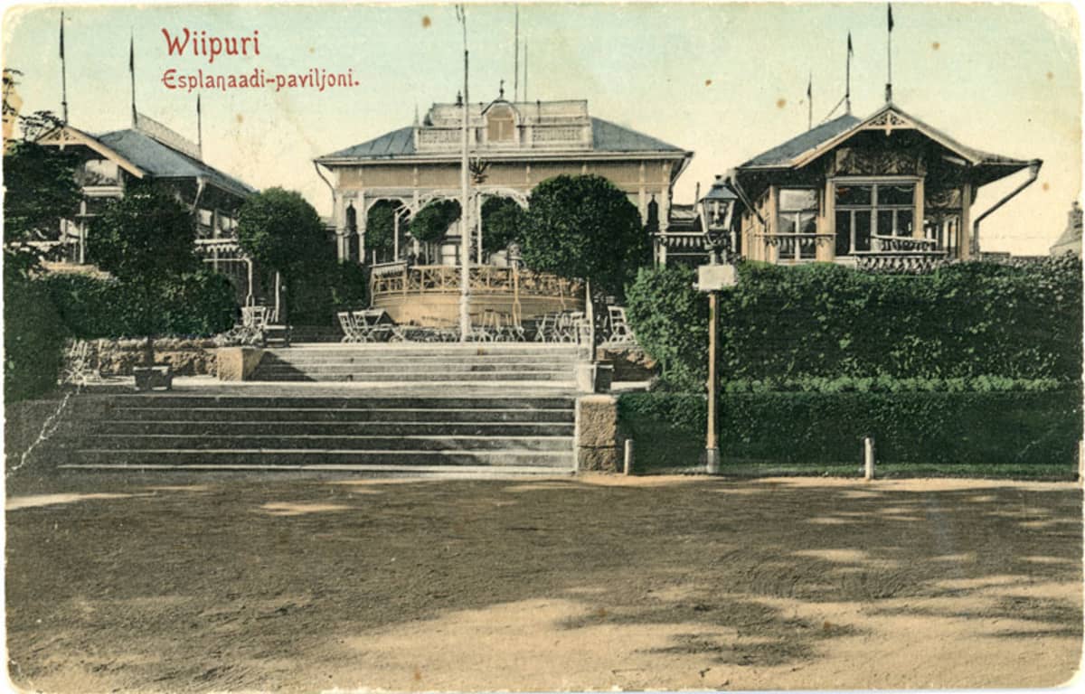 Viipuri, Esplanaadi-paviljonki eli Espilä. Puinen ravintolarakennus, kuvattu Torkkelinpuistosta 1908 - 1909.