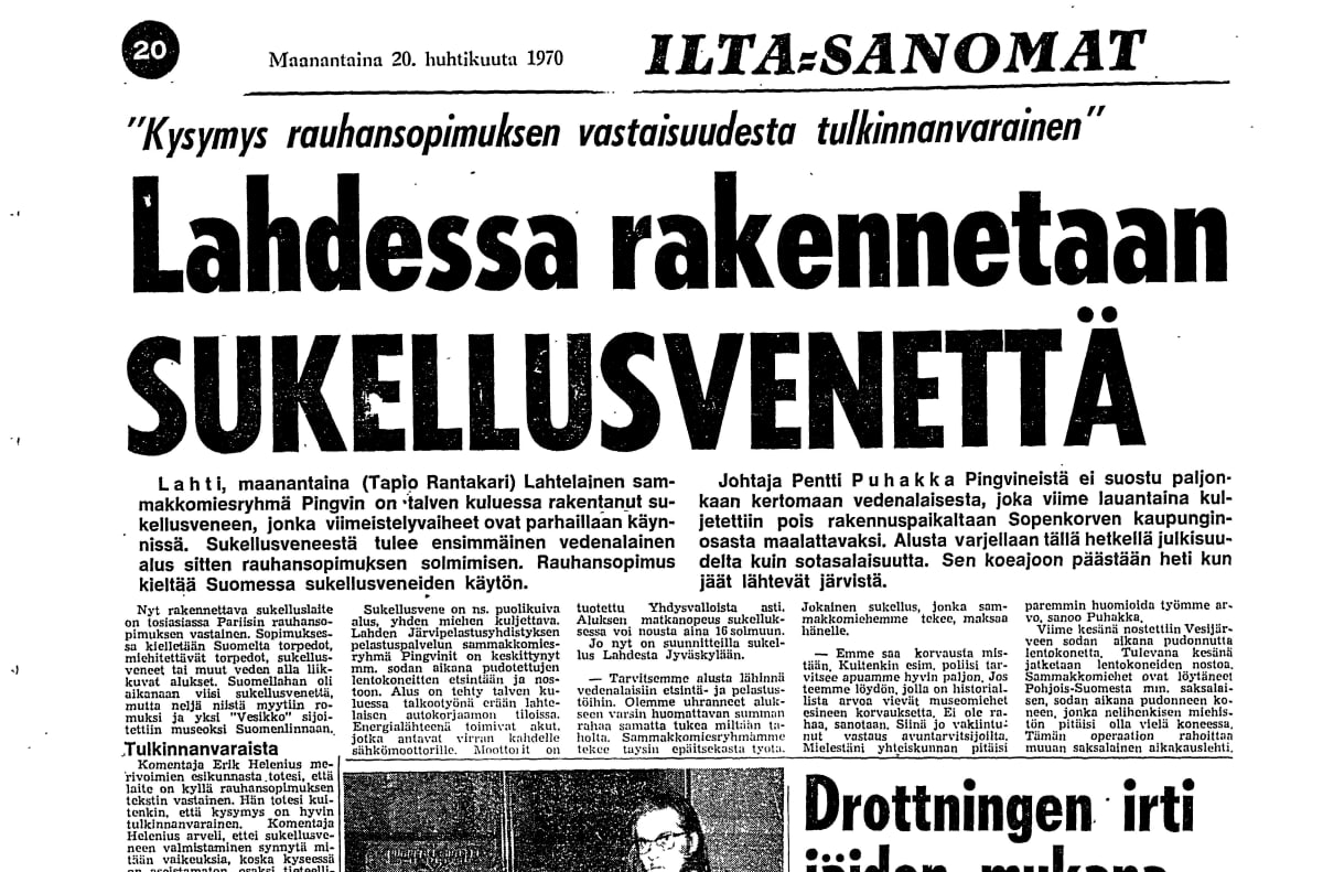 Skannattu Ilta-Sanomien artikkeli lahtelaisesta sukellusveneestä 20. huhtikuuta 1970.