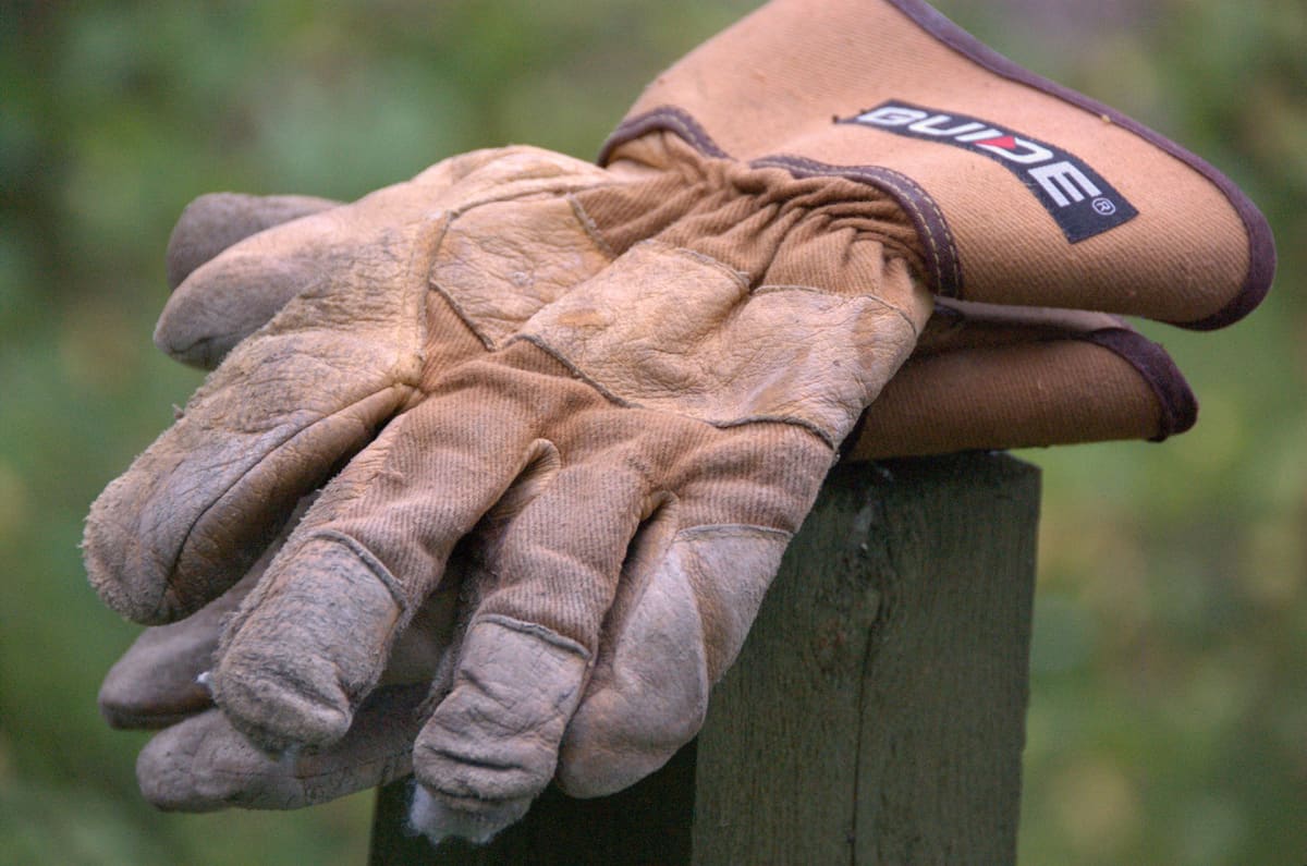 Työmiehen hanskat tolpan nokassa.