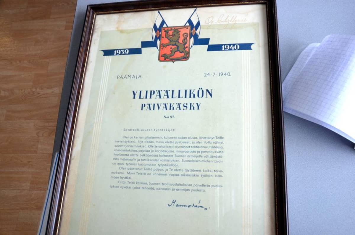 Ylipäällikön päiväkäsky mikkeliläisen Autoyhtymän työntekijöille 24.7.1940.