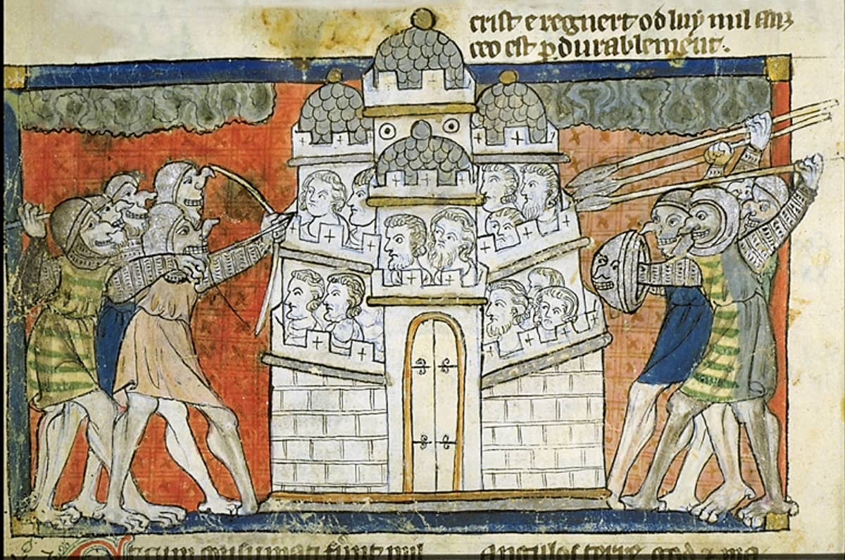 Hirviösotilaat uhkaavat linnoitusta asein. Ihmiskasvoja linnan muureilla.