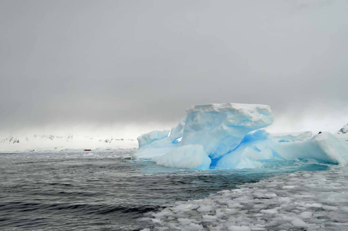 Kumivene ja jäävuori Graham Passagessa Etelämantereella.
