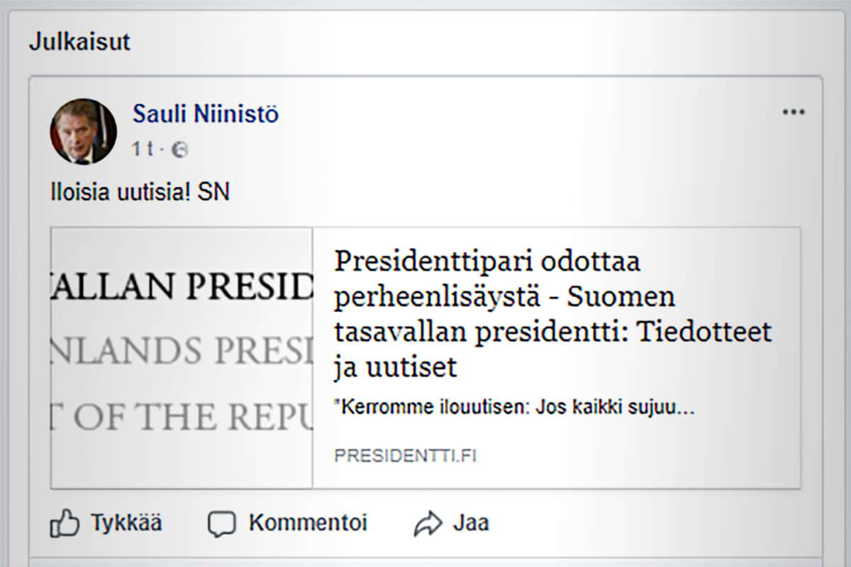 Presidentti Sauli Niinistön Facebook päivitys