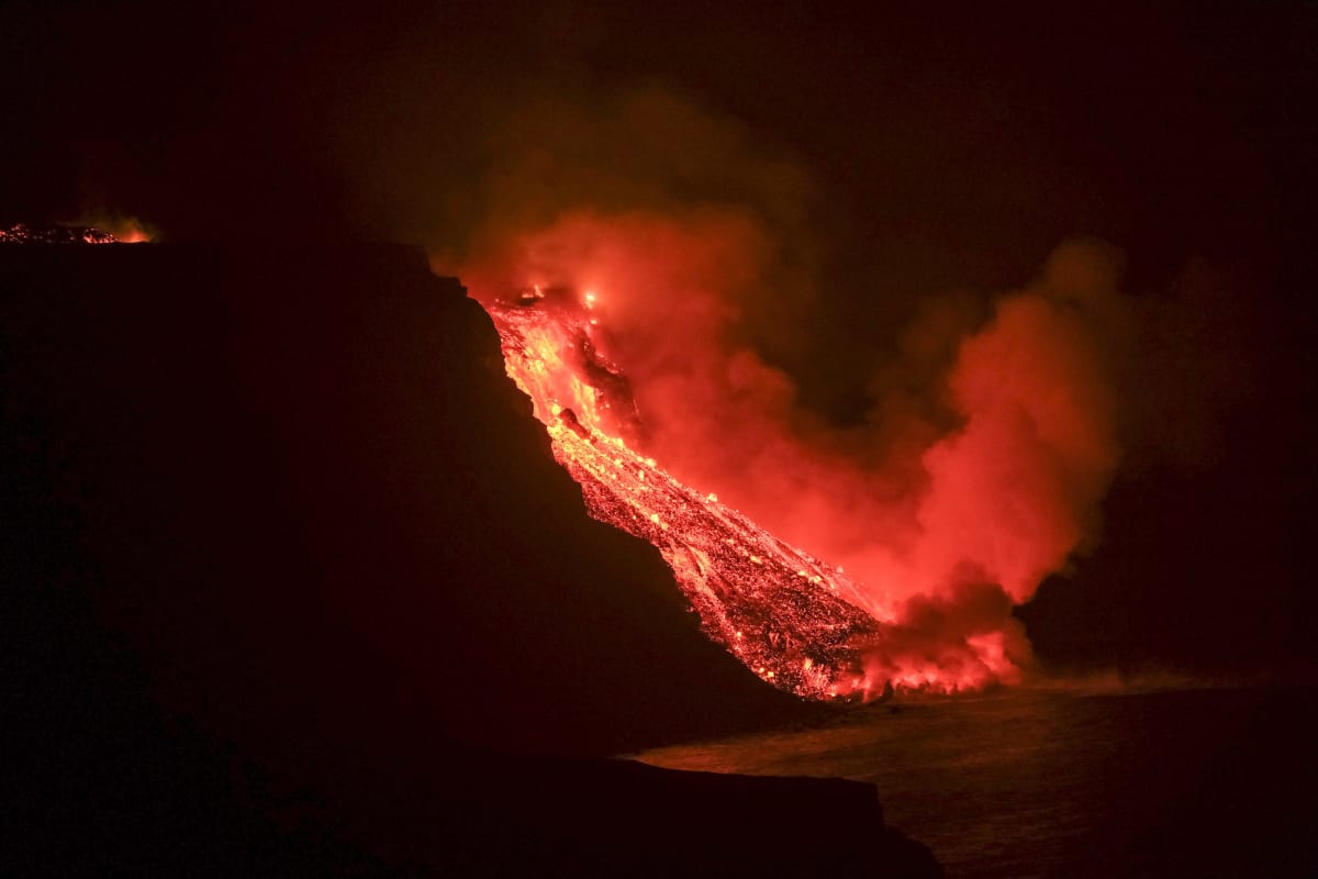 Hot lava flowed into the seawater on the island of La Palma on Tuesday night.