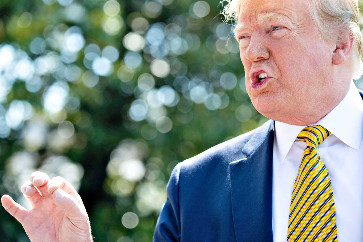 Donald Trump puhumassa medialle Valkoisen talon edustalla 22. kesäkuuta 2019.