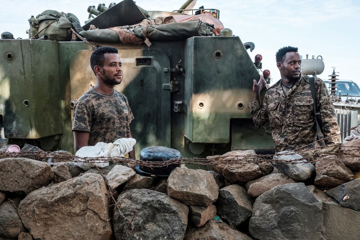 Etiopialaisia sotilaita tukikohdassa Danshassa.
