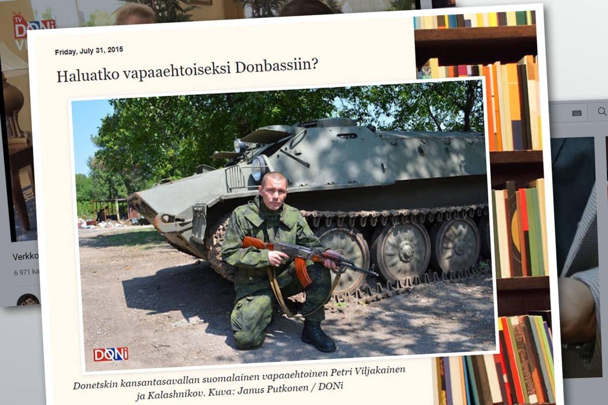 Kuvakaappaus Johan Bäckmanin blogista, jossa mies pitelee asetta ja yllä on otsikko "Haluatko vapaaehtoiseksi Donbassiin?"