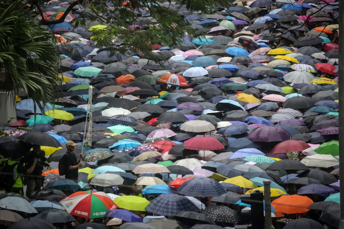 Färglada paraplyer då lärare protesterar i hongkong.