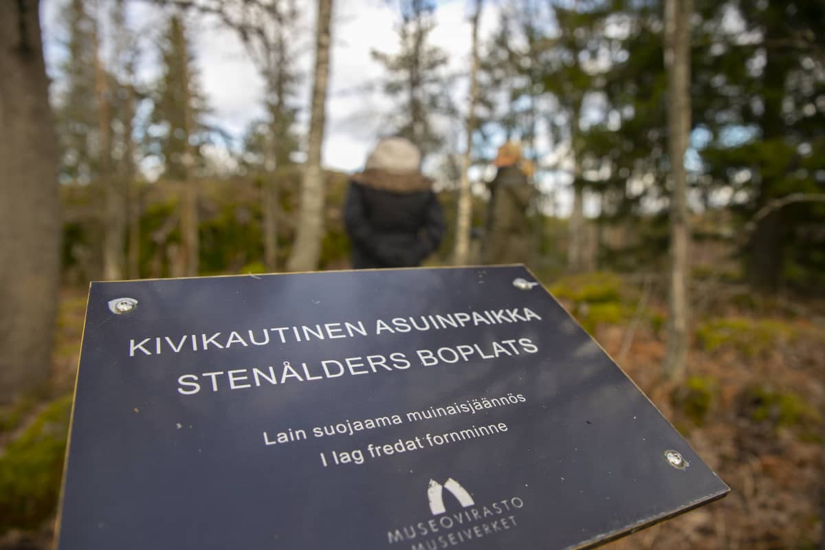 Museoviraston kyltti Järvensuon kivikautisella asuinpaikalla.