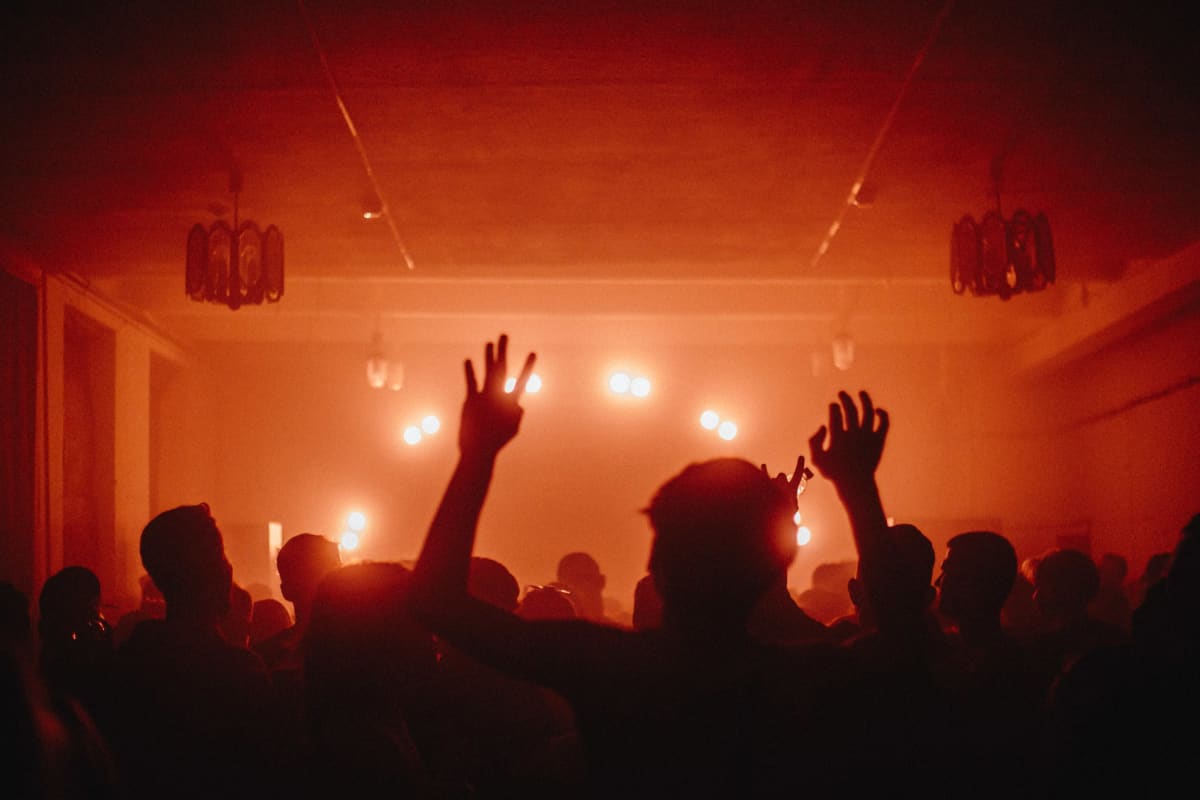 Personer dansar med ryggen mot kameran i ett rött ljus i ett dunkelt rum. Personen närmast kameran håller upp sina händer mot taket.