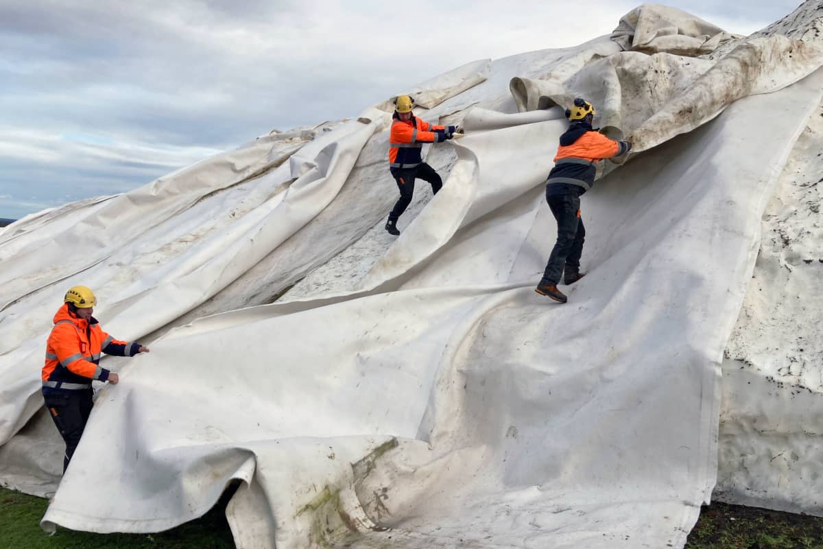 Levi Ski Resortin työntekijät purkavat viiroja säilölumikinosten päältä.