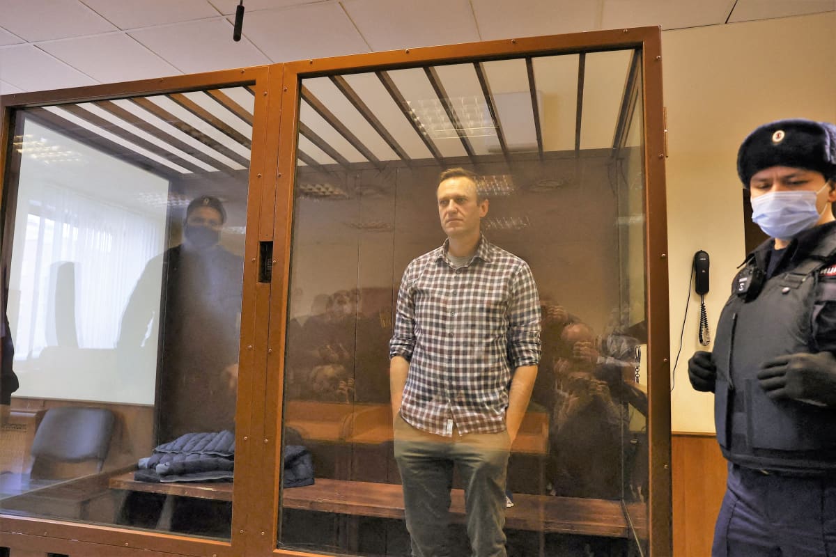 Aleksei Navalnyi seisoo kädet taskuissaan lasiseinäisessä häkissä oikeussalissa. Hänellä on ruudullinen paita. Häkin edessä seisoo univormupukuinen mies.