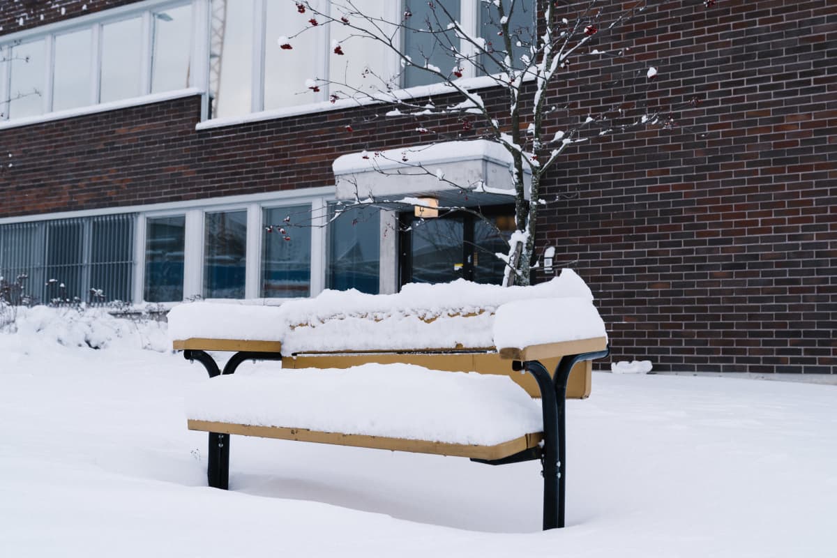 Luminen penkki Herttoniemen sairaalan edustalla.