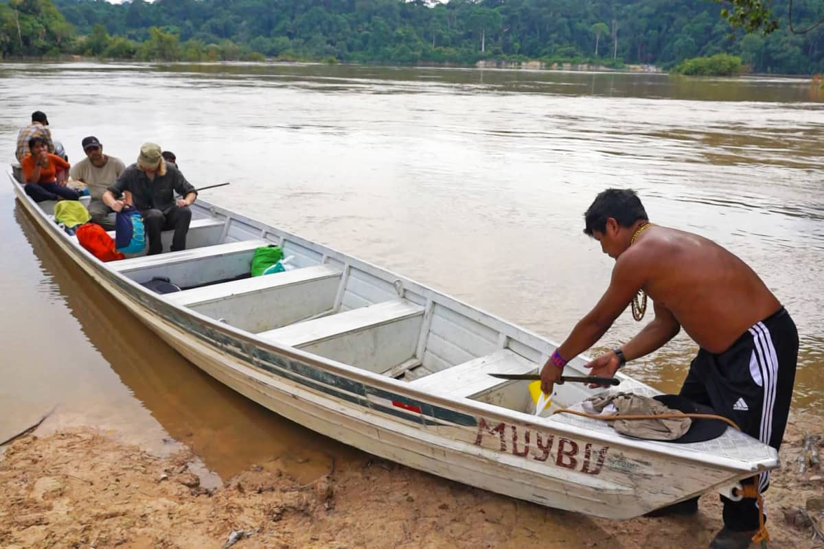 Mundurukukylän päällikkö Juarez Saw astumassa veneeseen Jamanxim-joen rannassa.