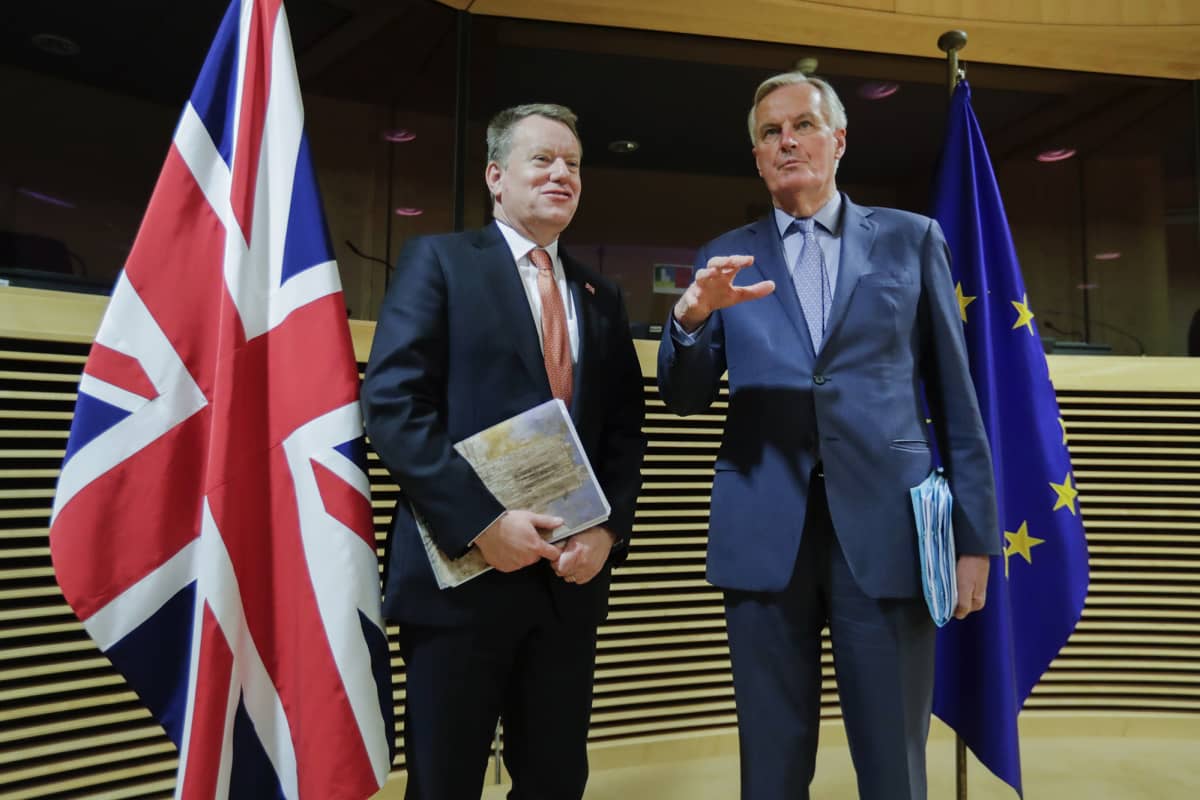 Kuvassa poseeraavat David Frost ja Michel Barnier.