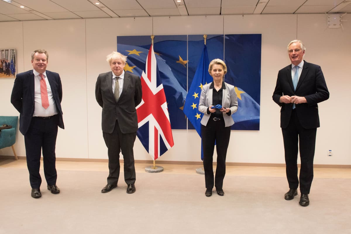 Nelikko poseeraa EU-lipun edessä.
