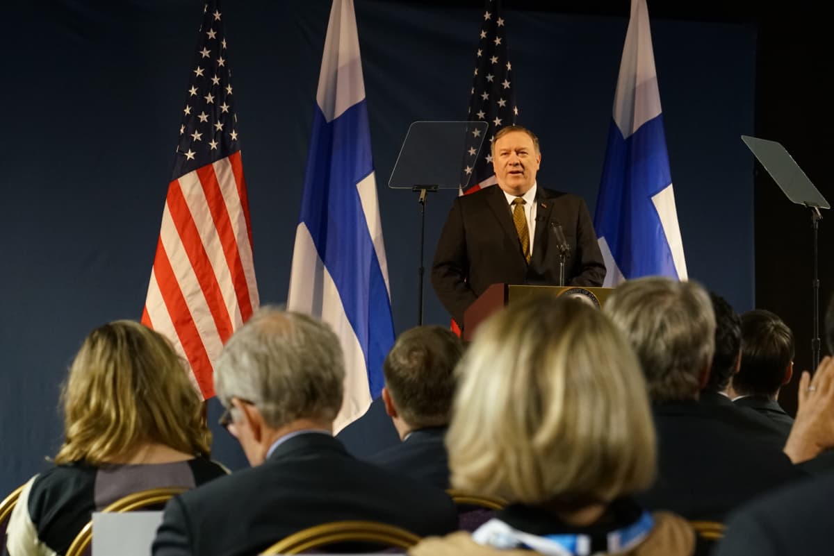 US Secretary of State Mike Pompeo speaking at the Arctic Council meeting in Rovaniemi on Monday, 6 May 2019.