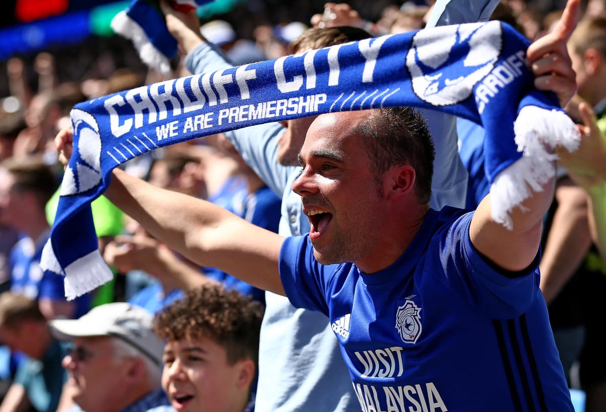 Cardiff Cityn kannattaja juhlii joukkueen nousua Valioliigaan.