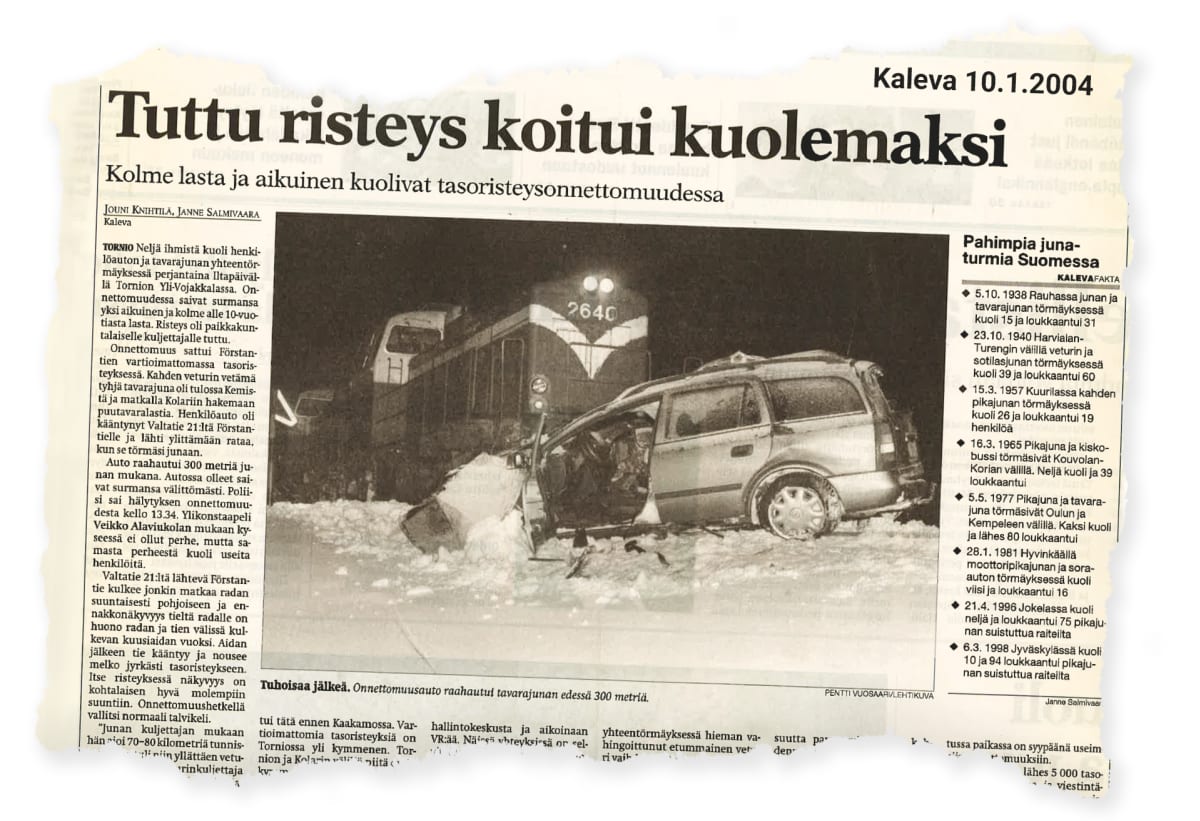 Lehtileike 10.1.2004 julkaistusta Kalevan jutusta "Tuttu risteys koitui kuolemaksi"