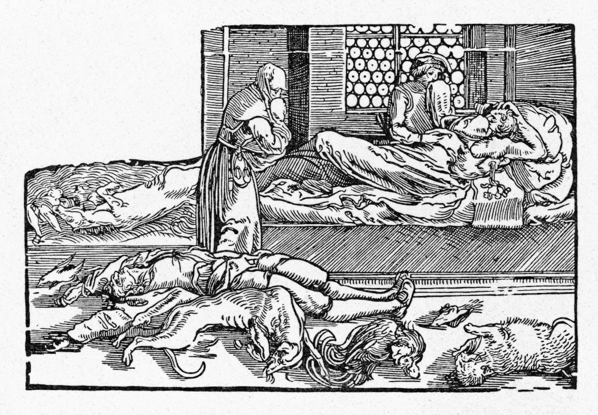 Piirros mustan surman uhreista. Nainen kantaa vauvaa. Lattialla on ruumis ja kuolleita eläimiä. Sängyllä makaa mies tuskissaan.