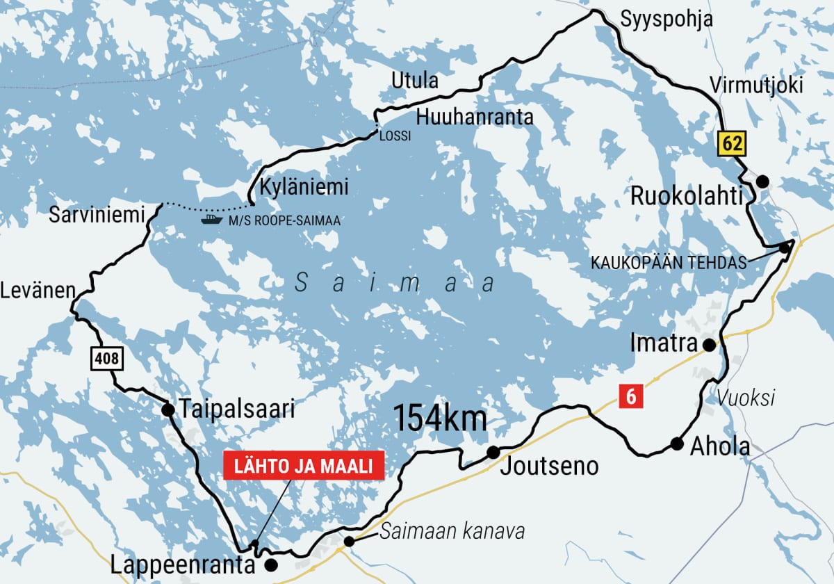 154 kilometrin pituinen Saimaan saaristoreitti kiertää Suur-saimaan Taipalsaaren, Ruokolahden, Imatran ja Lappeenrannan kautta.