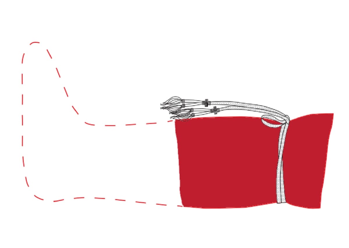 Piirros punaisesta sukasta ja kuviollisesta nauhasta, jolla sukka on solmittu. Sukan puuttuva osa merkitty katkoviivoilla. 