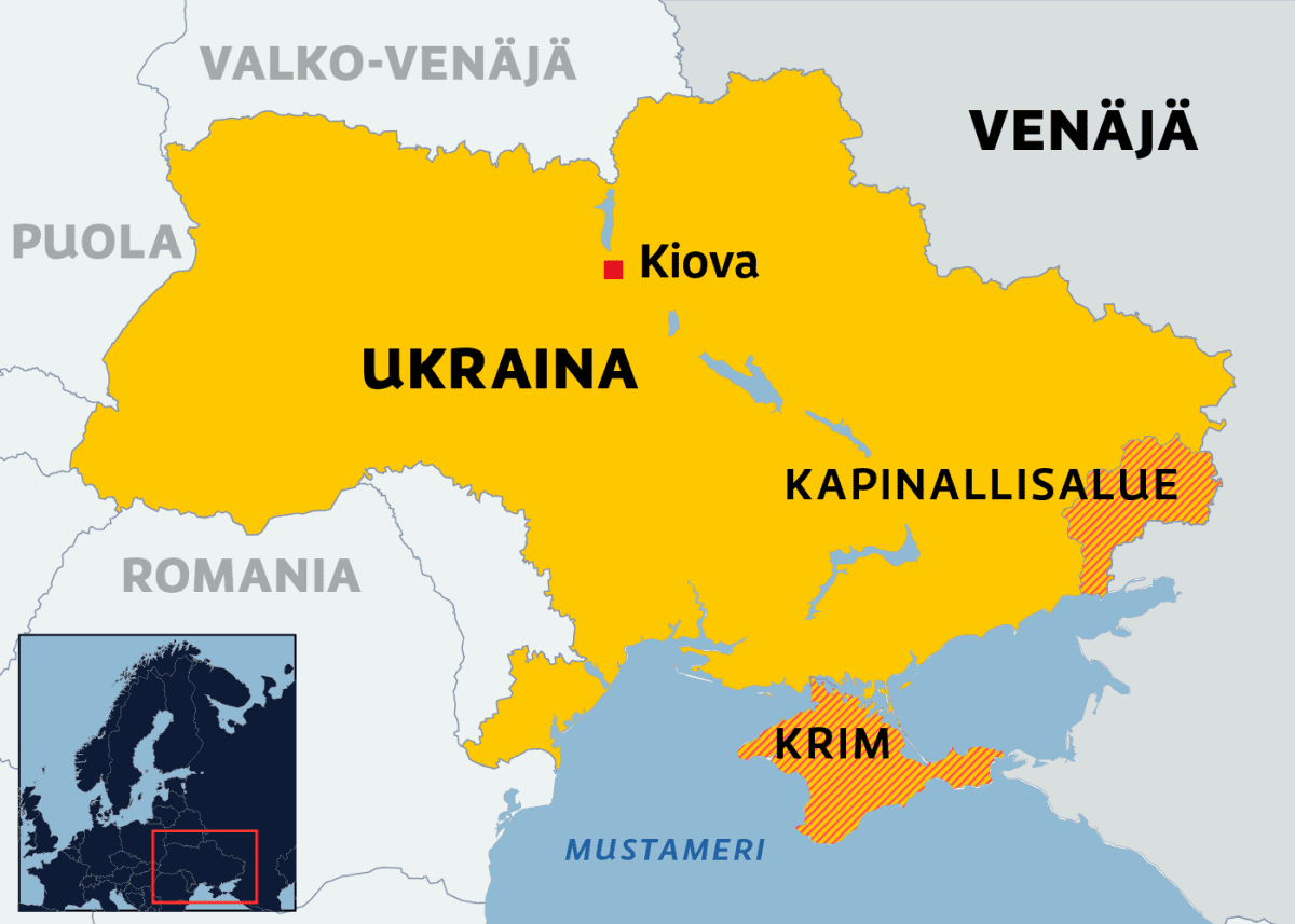 Kartalla Krim ja kapinallisalue Itä-Ukrainassa.
