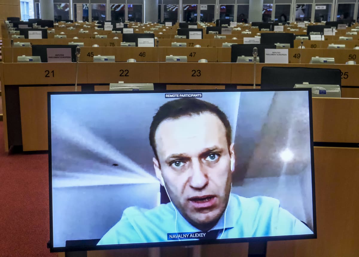 Navalnyin kasvot ruudulla.