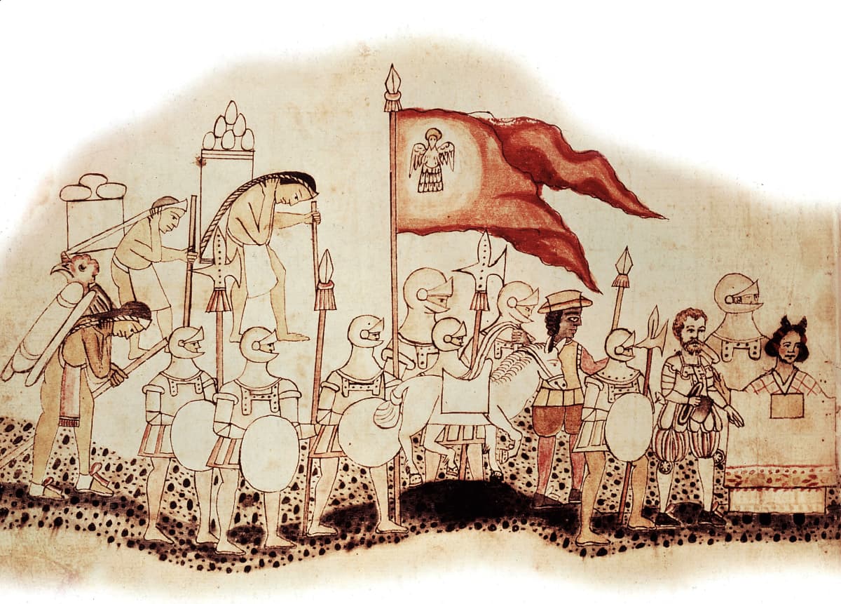 Hernan Cortés johtaa haarniskoitujen sotilaiden joukkoa ja intiaanikantajia vanhassa piirroksessa.